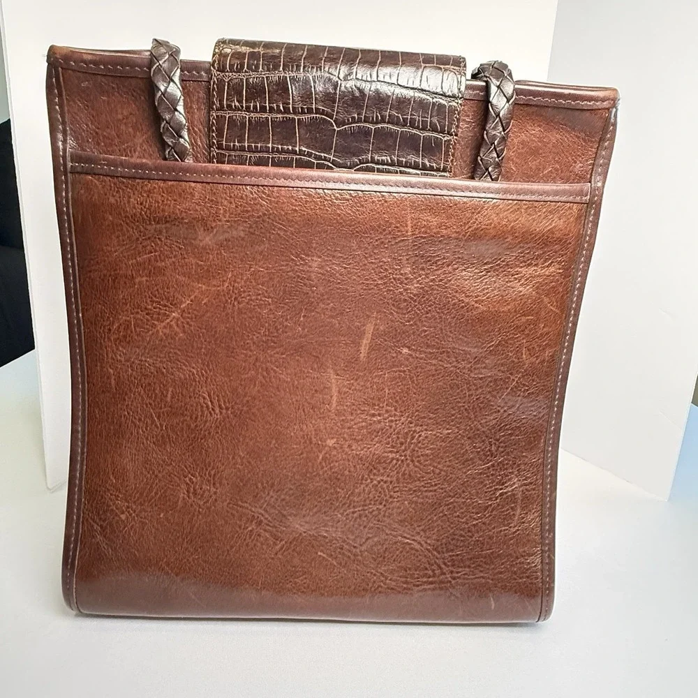 Vintage Brighton Brown Croc Embossed Leather Braided Strap Shoulder Bag Purse